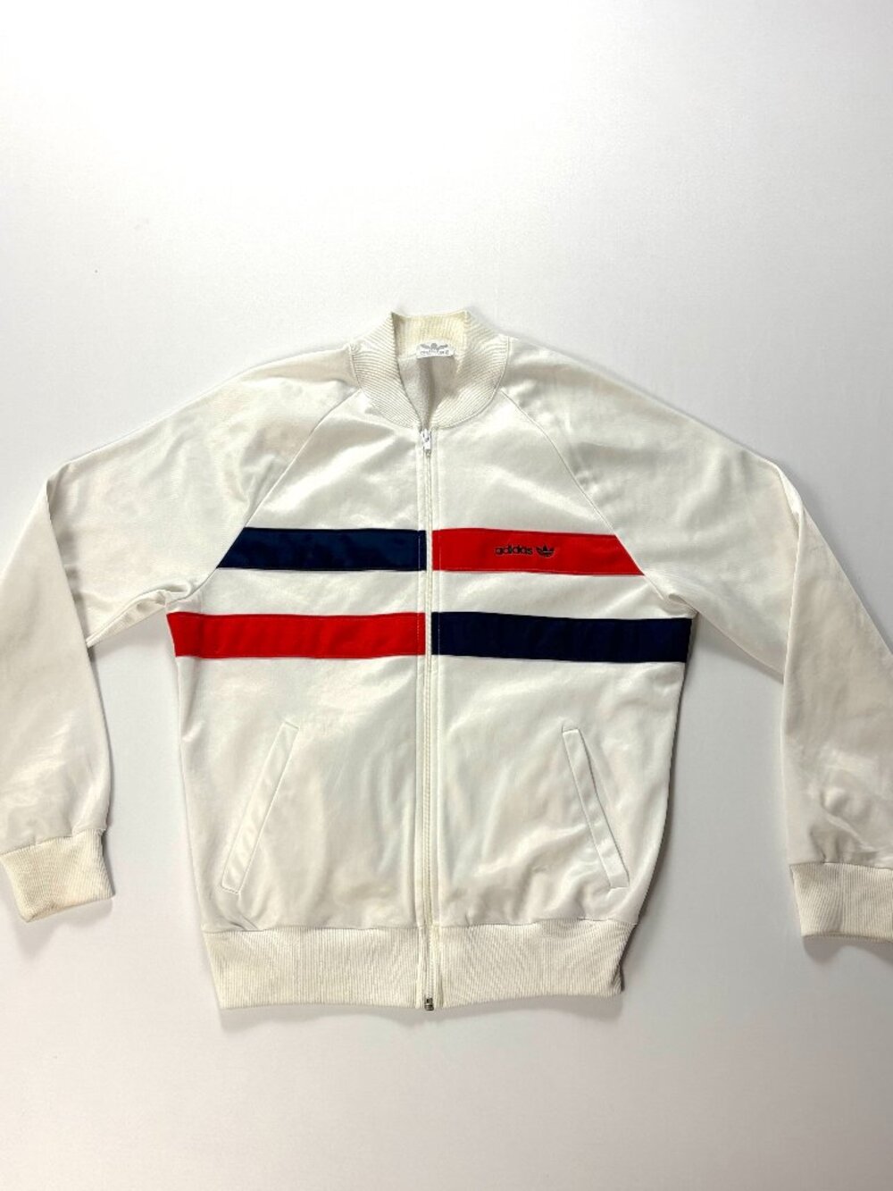 Vintage Adidas Mens Polyester Track Jacket White Sz M Zip Trefoil Sweatshirt USA